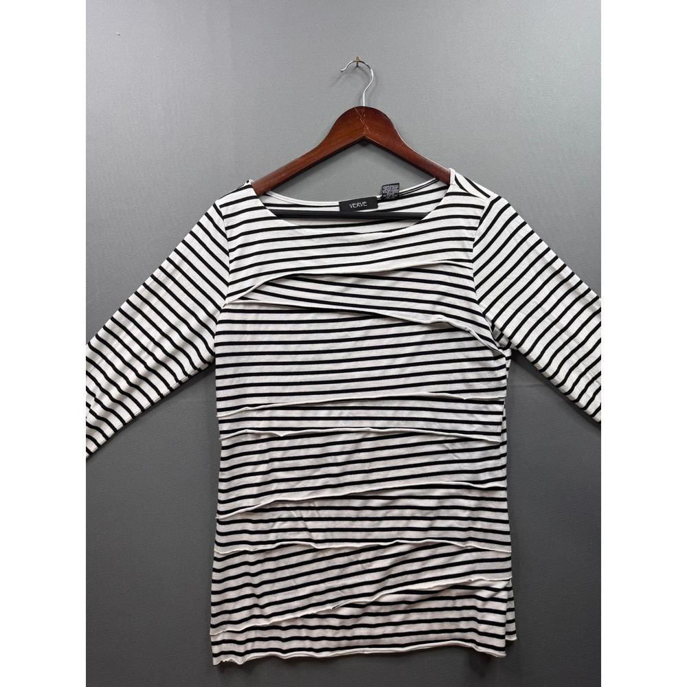 Verve Womens Black White Striped‎ Tiered Layered Front Long Sleeve Top Large